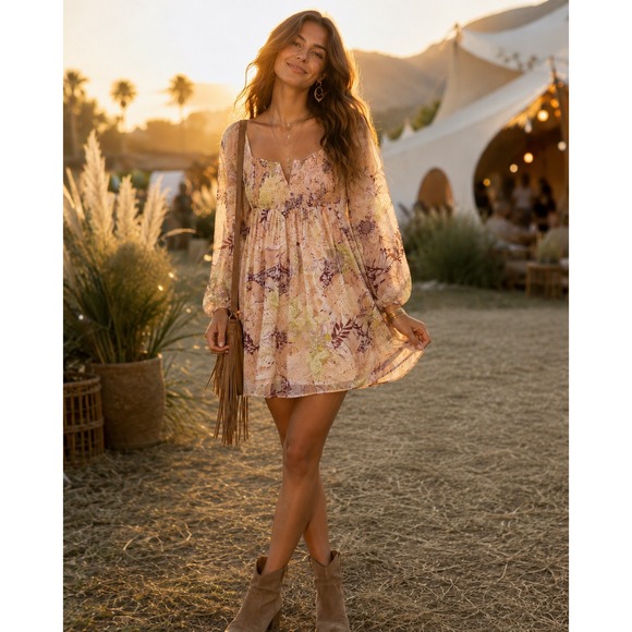 Amuse Society Dresses & Skirts - Amuse Society Mini Dress Floral Smocked Long Sleeve Boho Size S